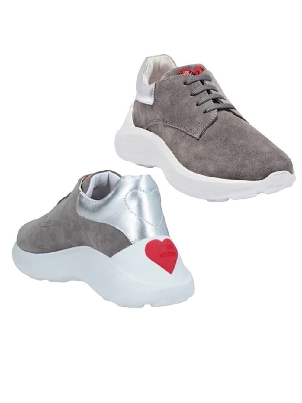 LOVE Moschino Women's Grey Suede Chunky Wedge Sneakers Red Sequins Hearts Sz 37